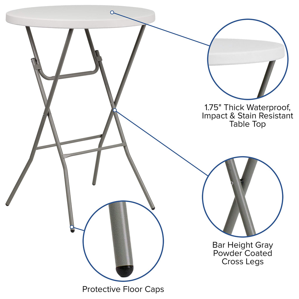 2.63 ft Plastic Round Folding Bar Table, Granite White