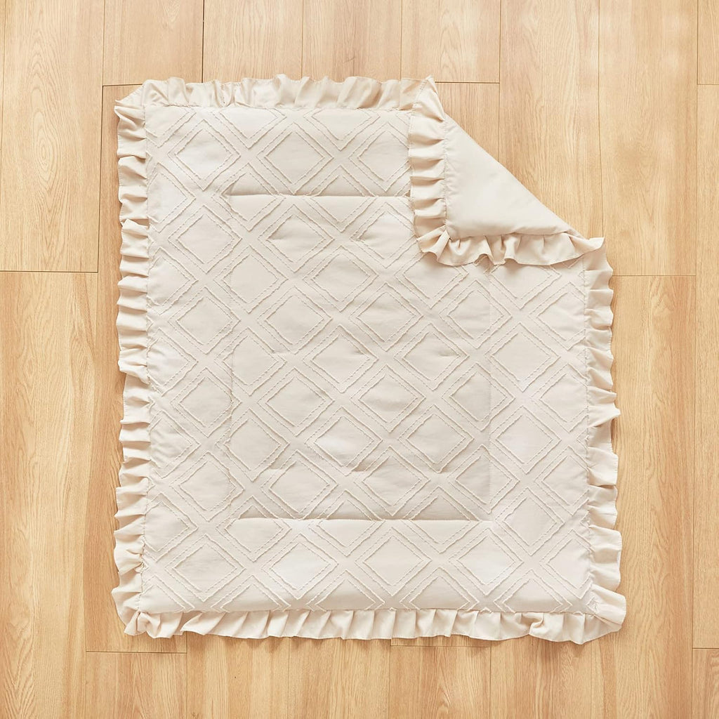 Tufted Ruffle Crib Bedding Set 3 Pieces Baby Boho Quilted Comforter with Fitted Sheet and Bed Skirt - Cute Ruffled