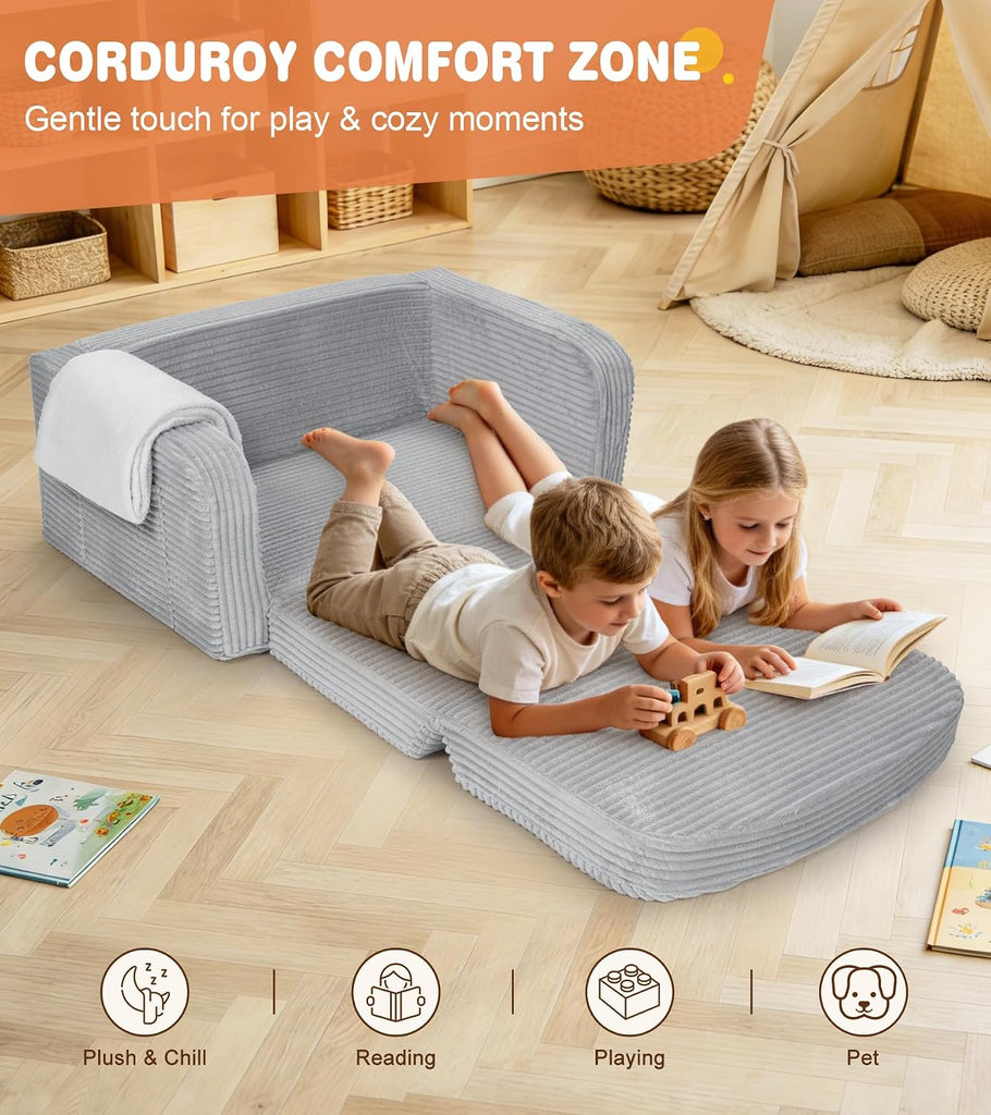 Extra Wide in-1 Convertible Kids Couch | Large Corduroy Toddler Sofa Chair with Storage Pocket & Blanket | Foldable