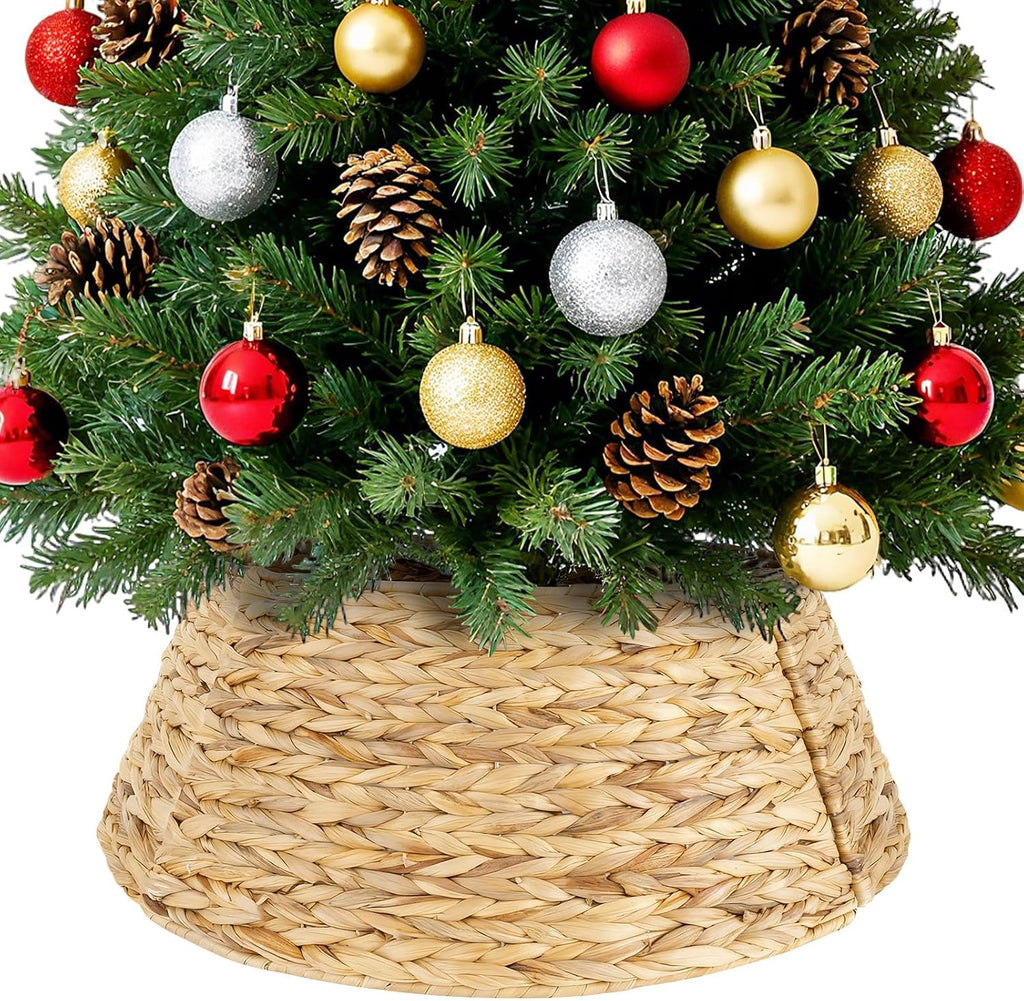 27" Hyacinth Christmas Tree Collar, Rustic Woven Rattan Tree Skirt Ring, 4 Piece Wicker Basket Base Cover with Cord