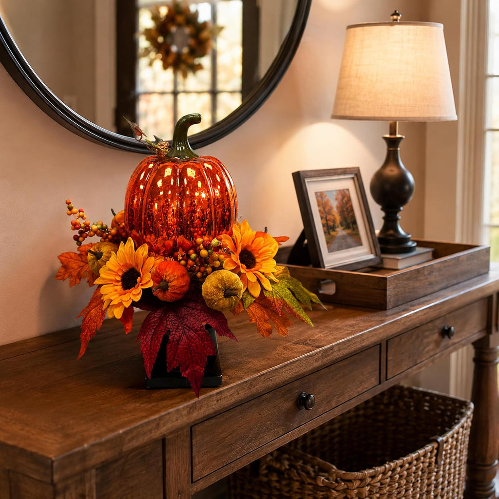 15 Inch Lighted Fall Pumpkin Arrangement with Pumpkin, Daisies | 15 LEDs with Mercury Glass-Style Pumpkin, Mini
