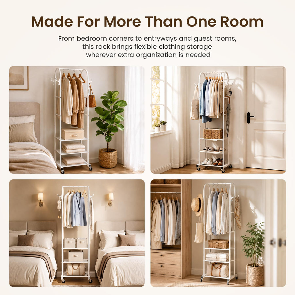 Small Clothes Rack with 3-Tier Mesh Shelves & 8 Hooks, White