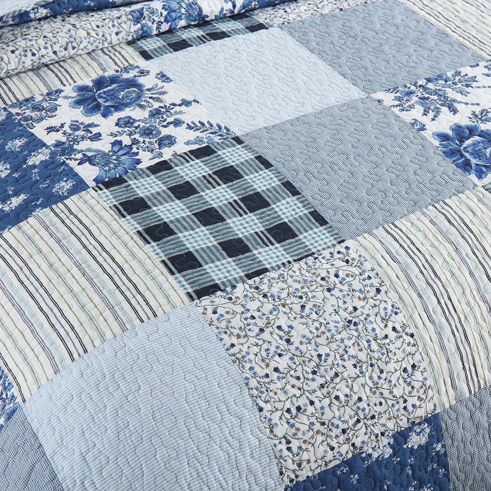 Cotton Patchwork Quilt Sets, Lightweight Reversible Coverlet Bedding Sets with 2 Pillow Shams, Blue White