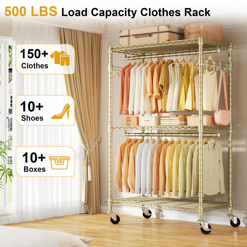 P1 Rolling Clothes Rack, Gold Portable Wardrobe Closets with Wheels