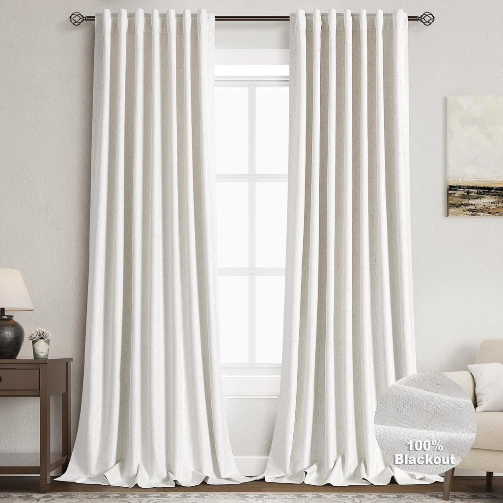 100% Blackout Linen 108 Inch Curtains for Bedroom Cream Black Out Curtain for Living Room Thermal Insulated Farmhouse