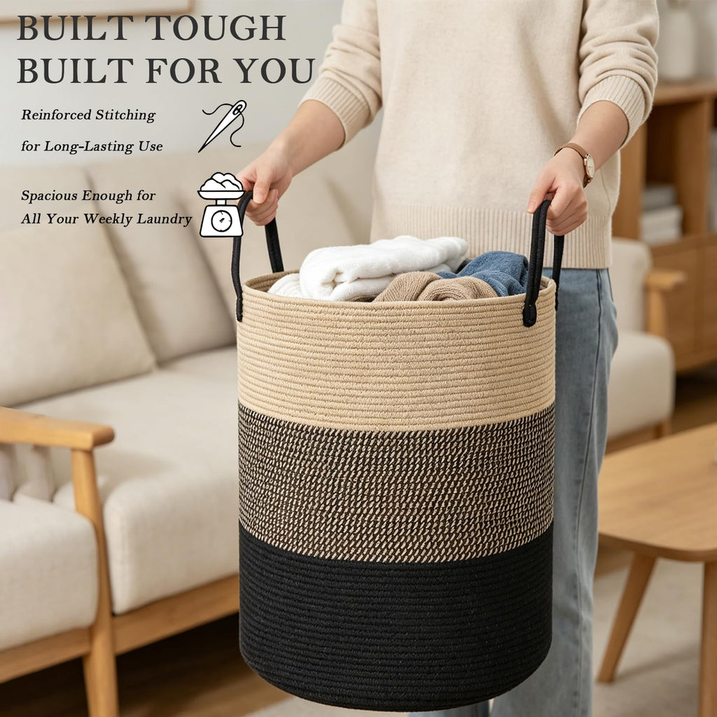 Large Laundry Hamper, Woven Rope Basket with Sturdy Handles- Jute
