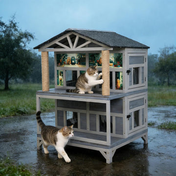 Double-Layer Feral Cat House, 50" Tall Weatherproof Outdoor Cat Shelter with 4 Sleeping Compartments, Asphalt Roof