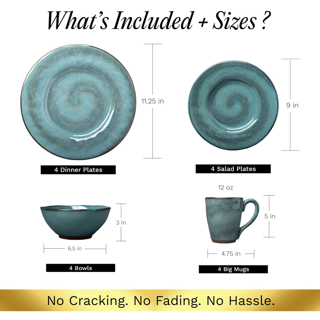 16-Piece Stoneware Dinnerware Set for 4, Glossy Blue & Green Coffee Mugs, Plates and Bowls Sets with Reactive Glaze