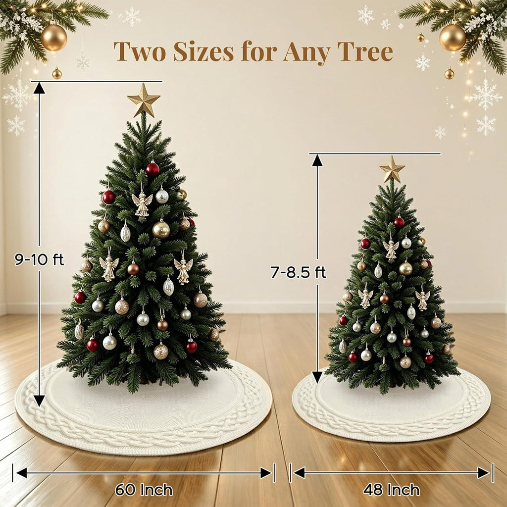 48 Inch Christmas Tree Skirt, Large Chunky Knitted Tree Skirt with Bow Tie Closure, Cream Vintage Tree Skirts for 7 &