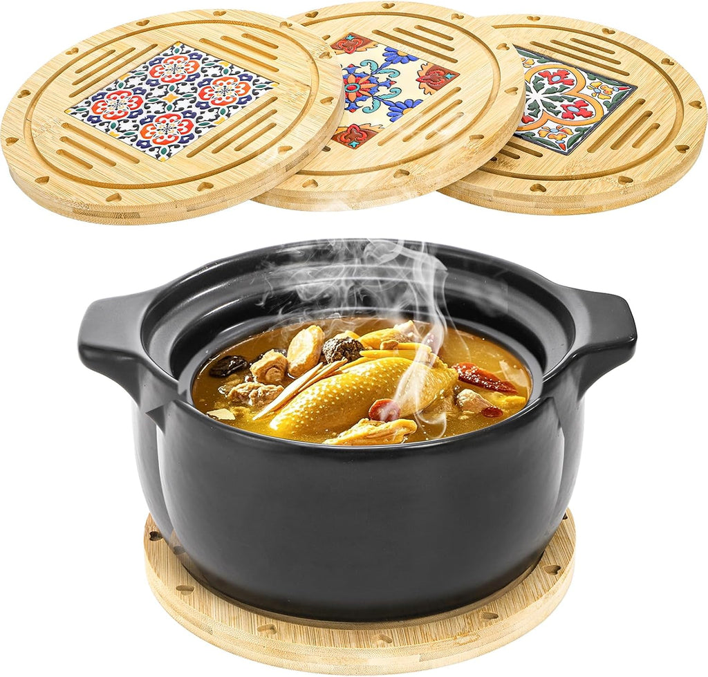 Wooden Round Trivets for Hot Dishes, 8.6 Inch Heat Resistant Pots and Pans Tea Pot Holders, Non-Slip Coasters - Set of 3