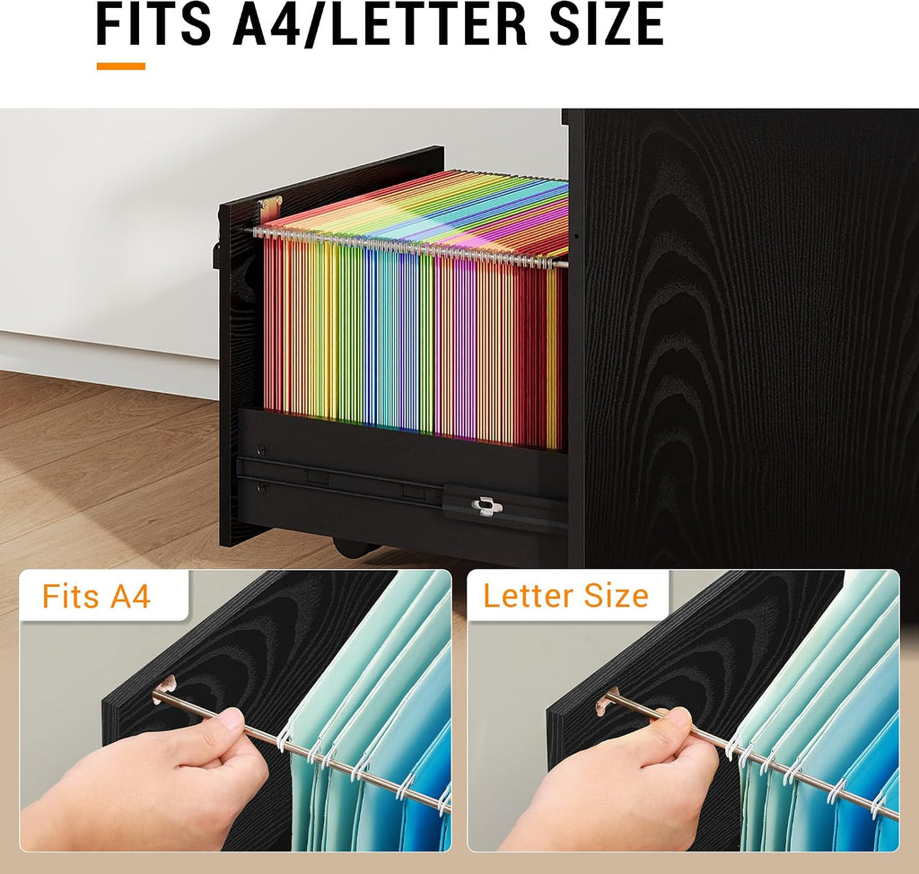 2 Drawer File Cabinet with Lock and Charging Station | Wood Filing Cabinet fits A4 or Letter Size, Mobile Printer