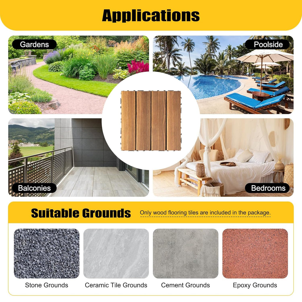 36 Pcs Interlocking Wood Deck Tiles, 12" x 12" Indoor Outdoor Waterproof Wood Flooring Tiles Portable Snap Click