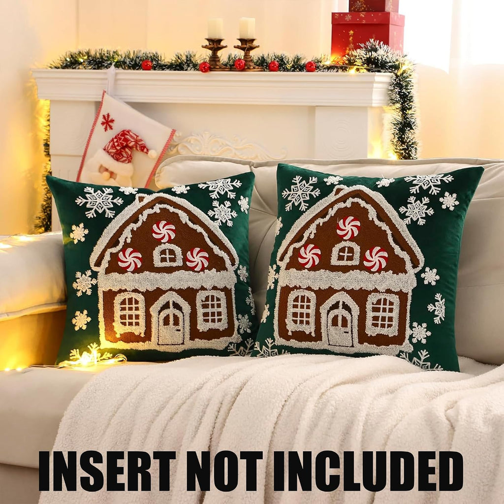 Christmas Green Throw Pillow Covers 18x18 Xmas House - Set of 2