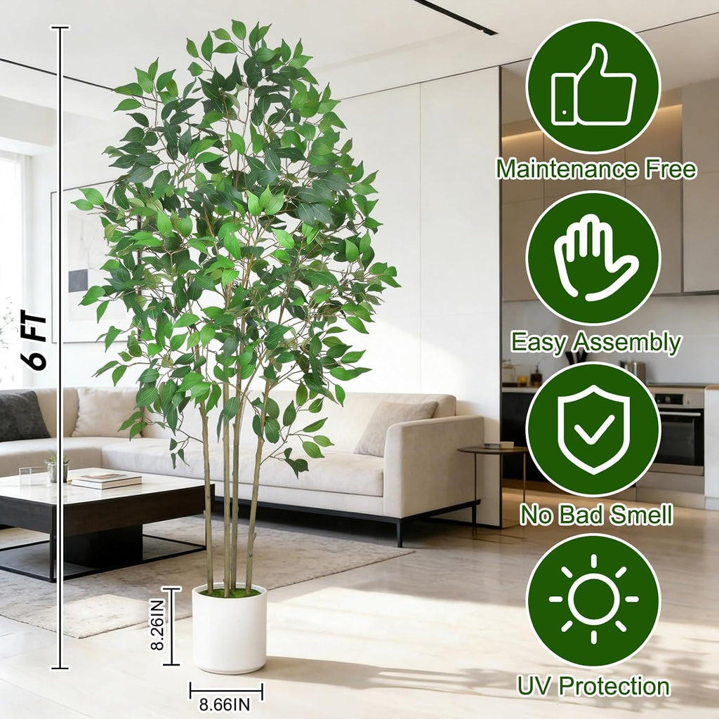 Ficus Tree Artificial 6 FT Tall Faux Plants Indoor Fake Tree with White Tall Planter, Artificial Plants Indoor Faux