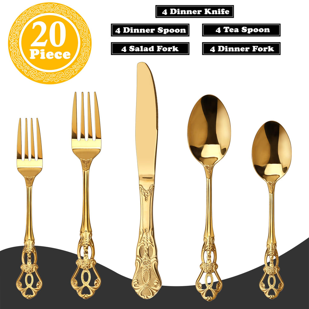 Gorgeous Retro Royal Gold Stainless Steel 20-Piece Flatware Set