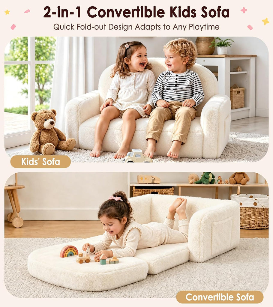 In-1 Kids Plush Kids Couch, Extra Wide Toddler Couch with Bonus Blanket - Ultra-Thick Faux Fur Convertible Sofa