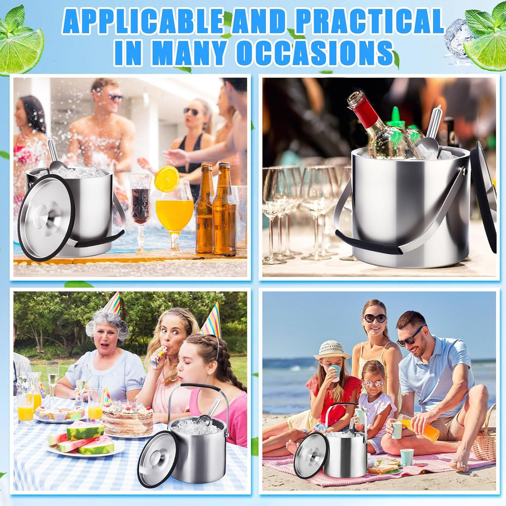 4 L Double Wall Insulated Ice Bucket with Lid, Scoop, Strainer, Handle Large Stainless Steel Wine Ice Bucket Upgraded