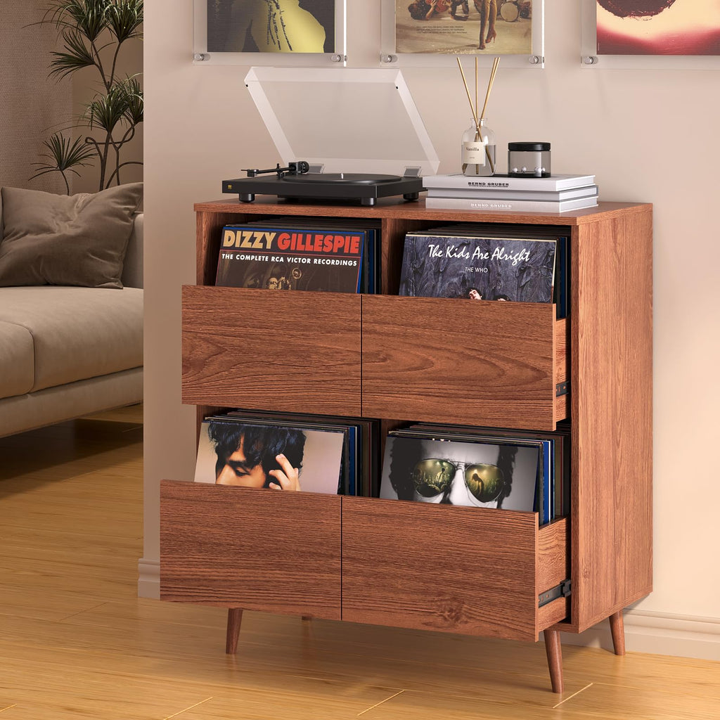Record Player Stand with Vinyl Storage, Mid-Century, Brown