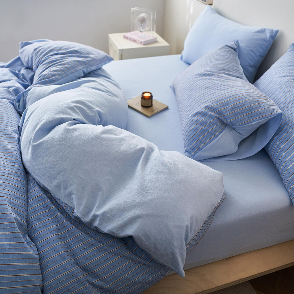 Washed Cotton Blue Vertical Striped Duvet Cover Full Jacquard