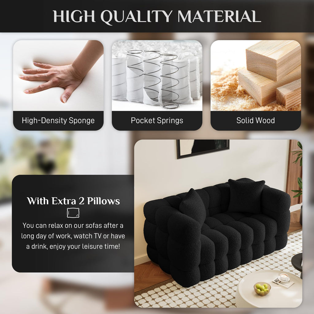 55" Boucle Cloud Loveseat with 2 Pillows, Black