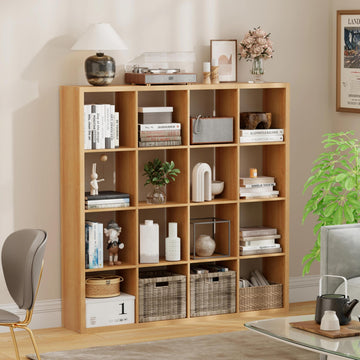 16-Cube Storage Organizer Bookcase, Thick Frame Wood Grain Storage Shelf, Rectangular Cube Open Back Display Unit
