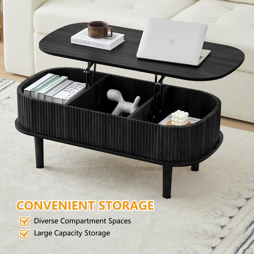 Fully Assembled Fluted Lift Top with Hidden Compartment, Wooden Center Table, Modern Oval Lift Tabletop Living Room