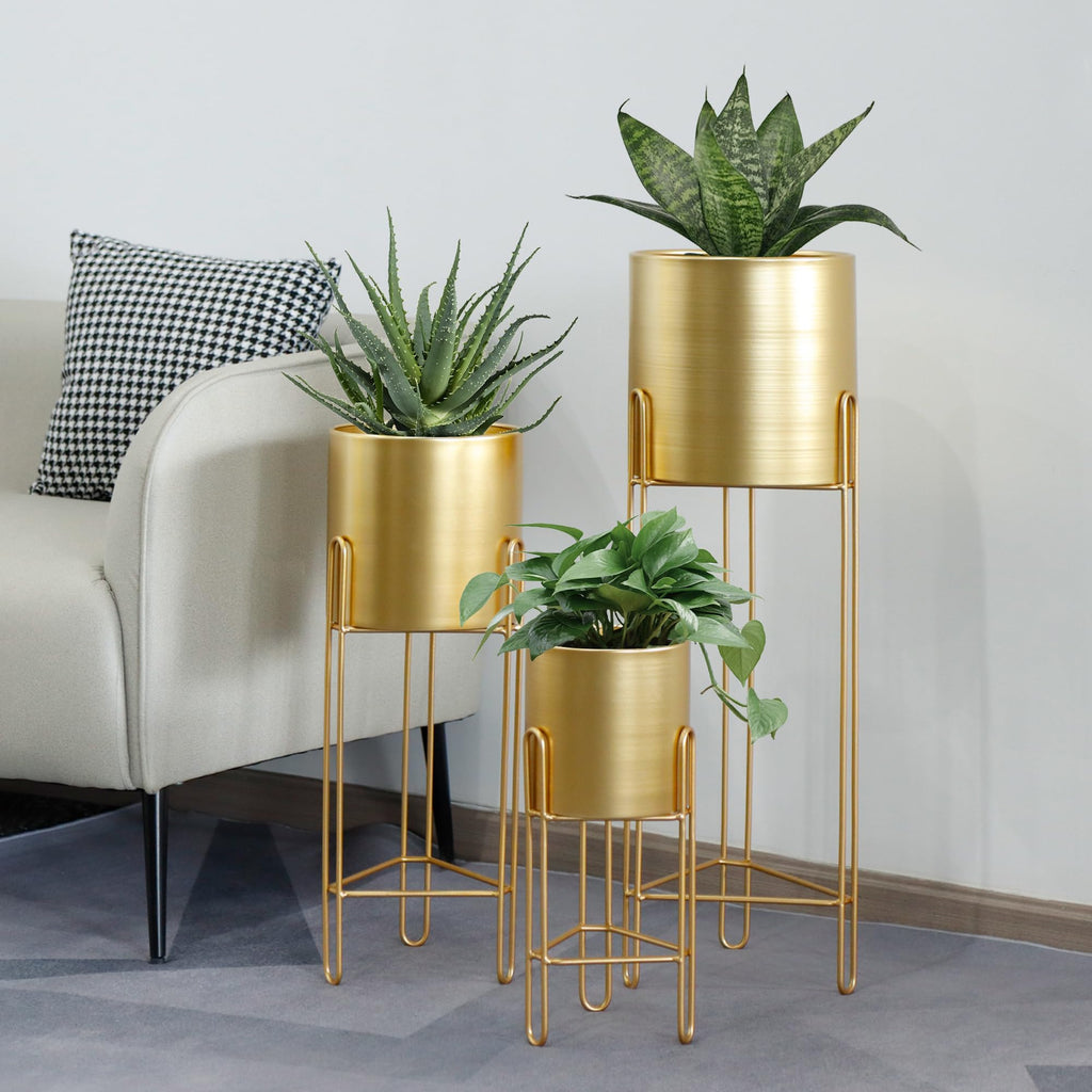 Set of 3 Large Planters with Stand Gold Planter for Indoor Plants 29 &22 &12" Tall Morden Metal Plant Pots Corner