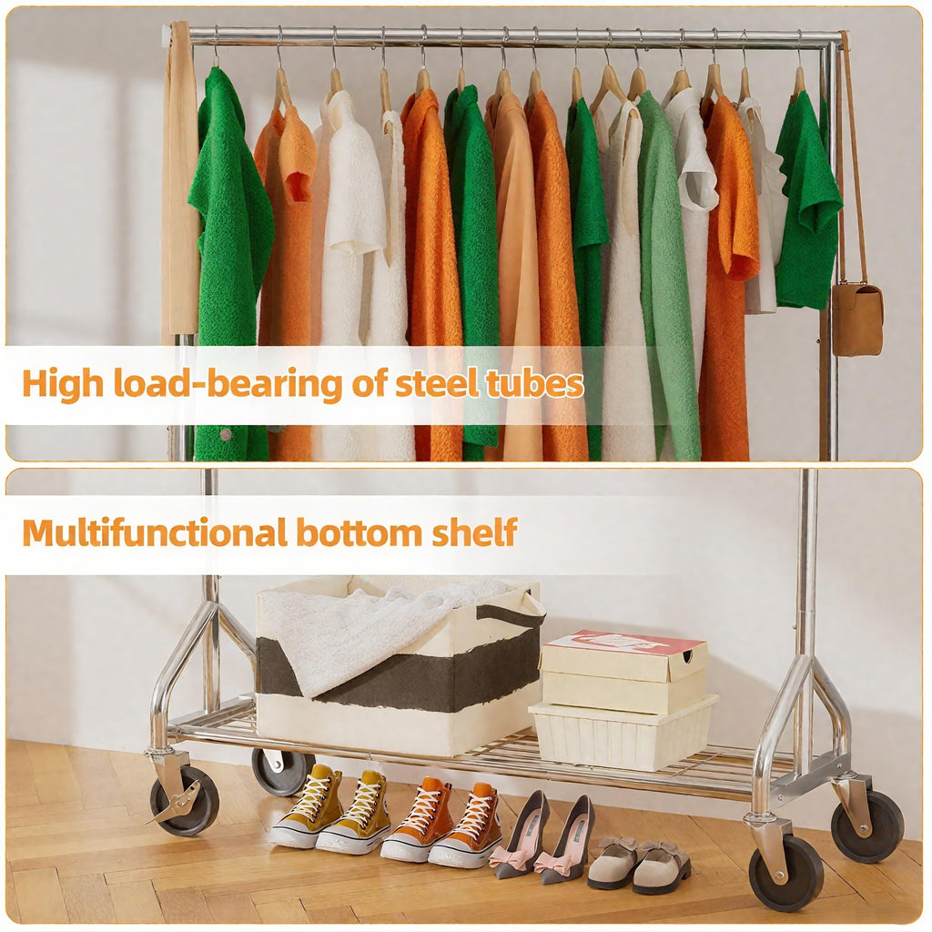 Heavy Duty Rolling Clothes Rack with Wheels and Shelves, 450 lbs Capacity, Portable Garment Rack for Hanging Clothes
