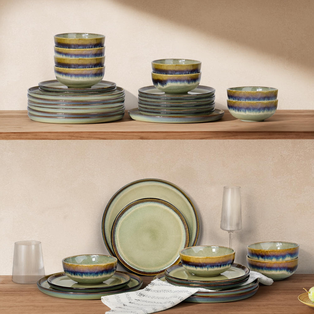 12 pcs Olive Green Reactive Glaze Stoneware Dinnerware Sets for 4