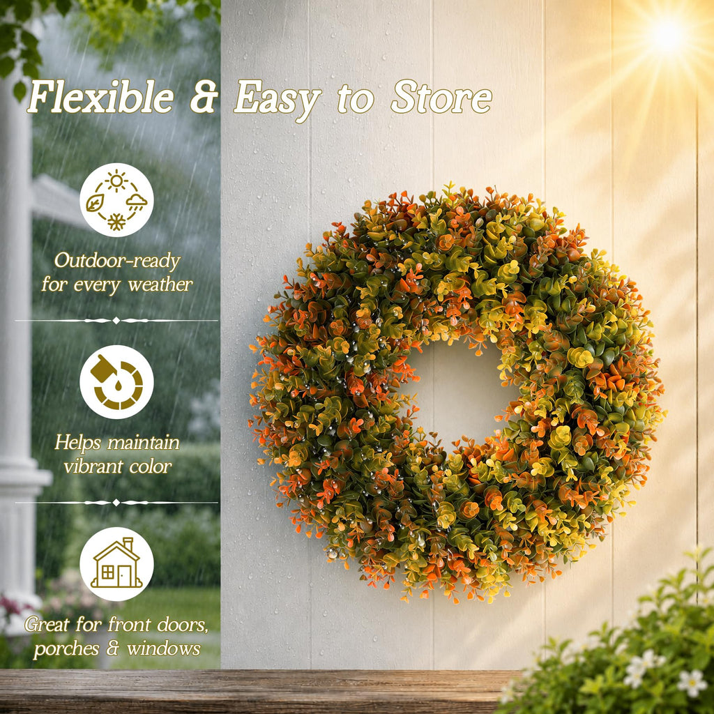 20 Inch Fall Wreaths for Front Door, Handmade Fall Boxwood Wreath with Cream Linen Sash, Waterproof and UV Resistant