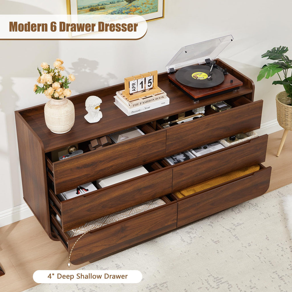 Curved 6 Drawer Dresser, Modern 53-Inch Chest of Drawers, Wood Storage Dresser Organizers with Hidden Handles, 6