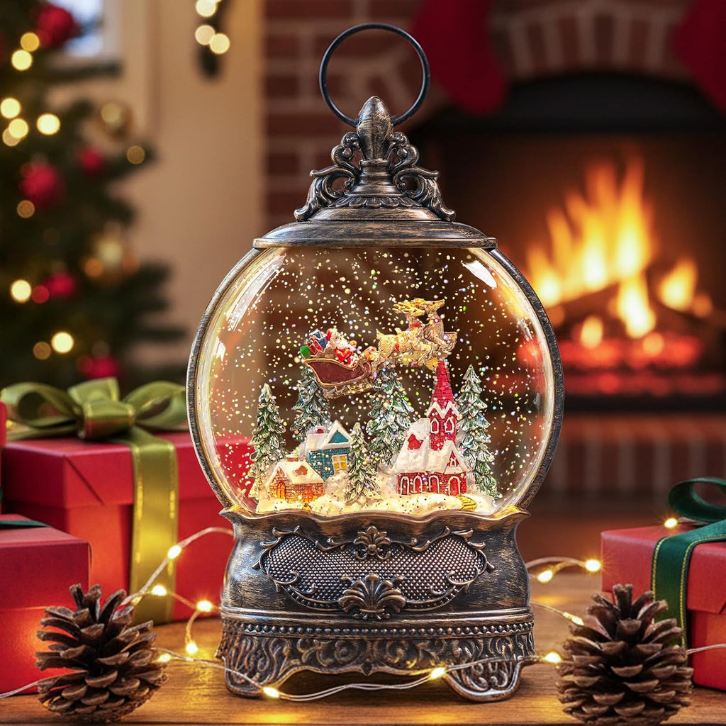 Christmas Snow Globe Lantern with Santa Claus Flying Reindeer, Lighted Swirling Glittering Snow Globes with Music &