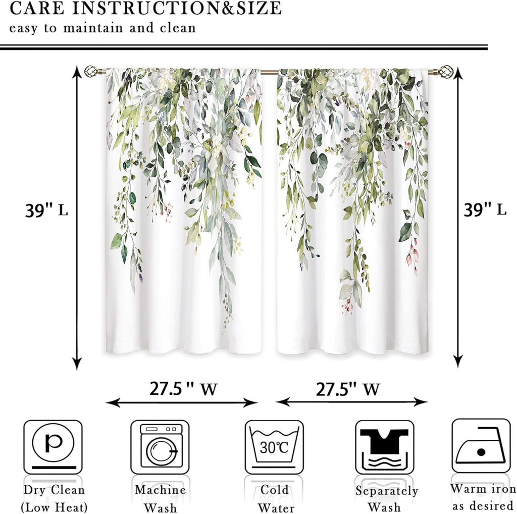 Eucalyptus Botanical Leaves Floral Kitchen Window Curtains Over Sink Boho Farmhouse Flower Leaf Small Window