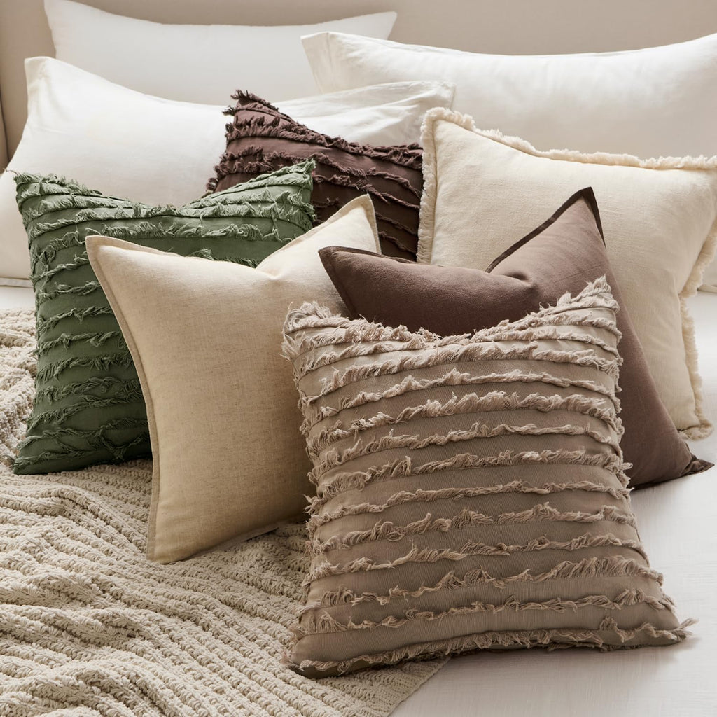 Boho Linen Striped Throw Pillow Covers 18x18, Dark Brown