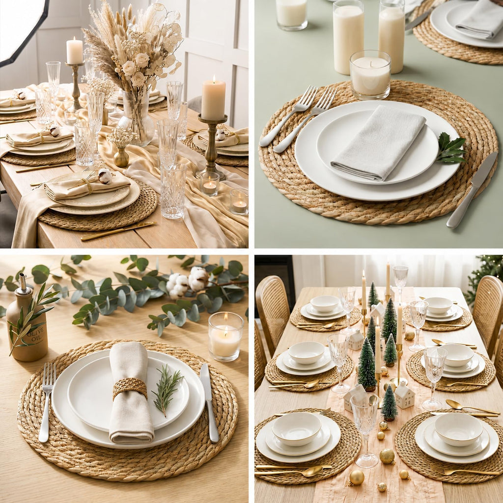 Set of 12 Round Woven Placemats, 13 Inch Rattan Chargers for Dinner Plates, Wicker Placemats, Boho Farmhouse Rustic