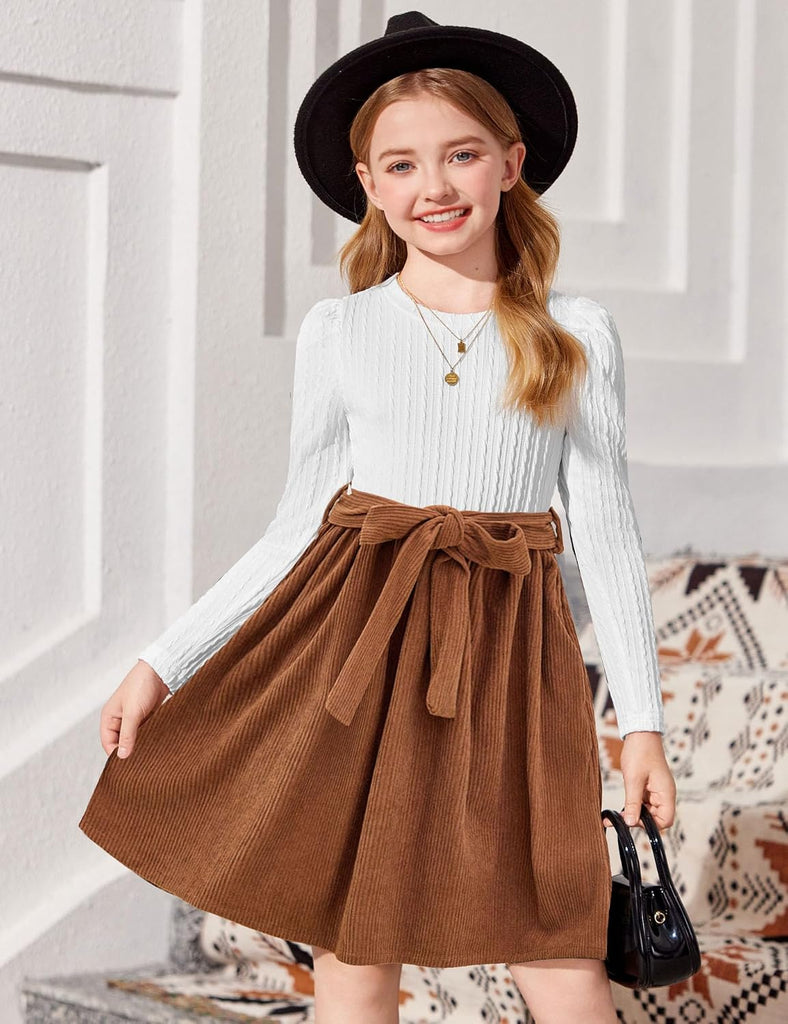 Girls Puff Long Sleeve Rib Knit Plaid Patchwork Dress with Pockets