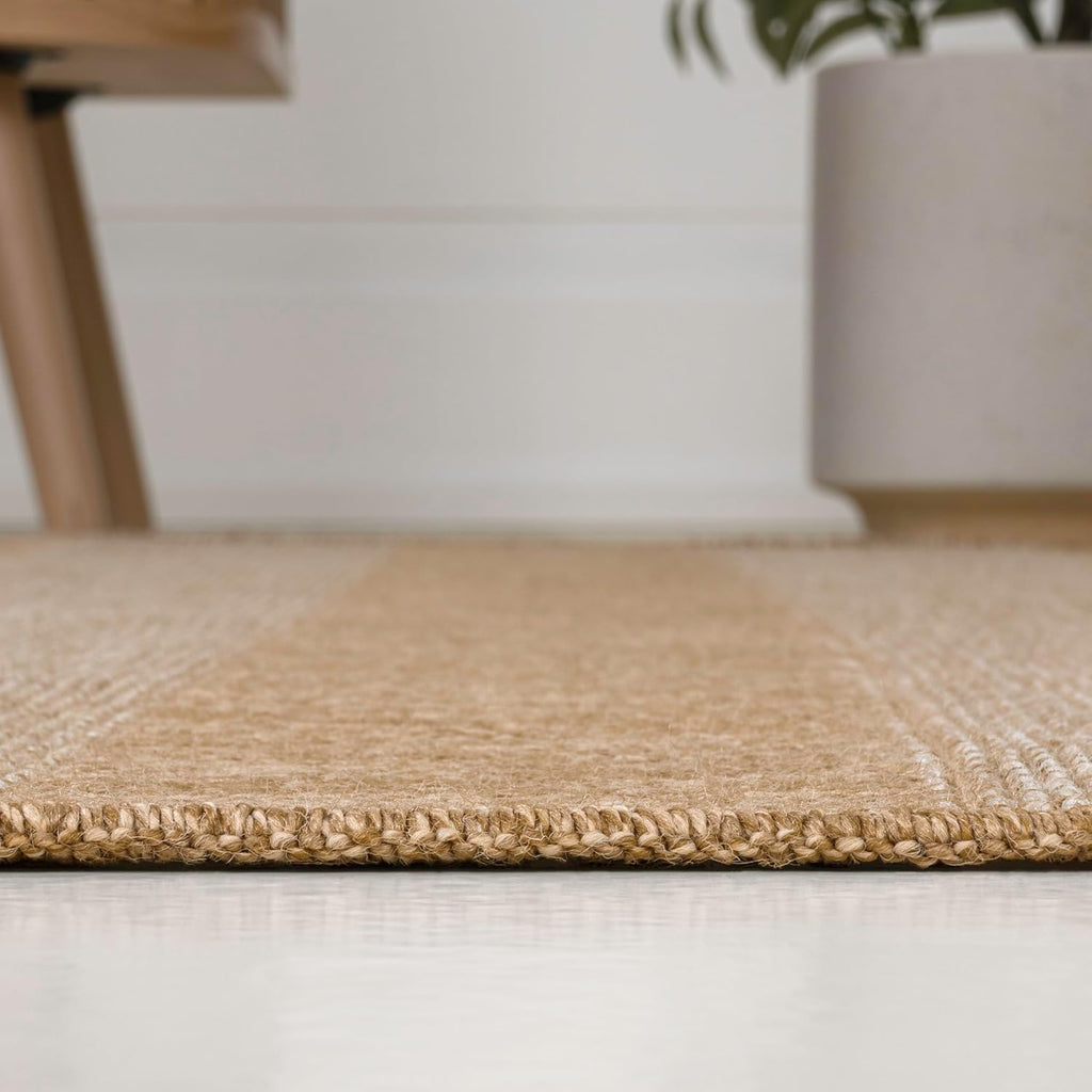 Easy Jute Rustic Indoor Outdoor Area Rug Natural/Beige, Sutton Modern Stripe for Backyard, Patio, Easy-Cleaning