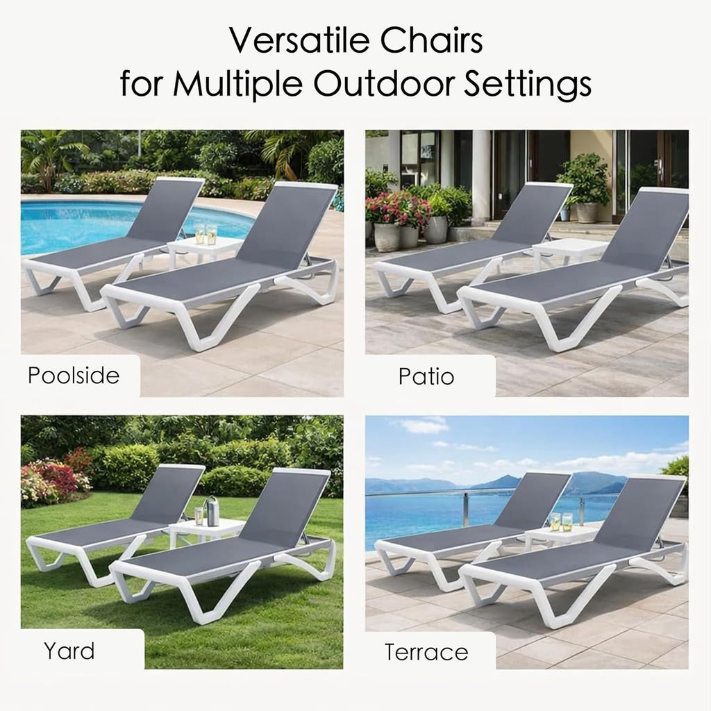 3-Piece Outdoor Chaise Lounge Set Fully Flat Adjustable Lounger | Aluminum Frame & Resin Legs, Textilene Fabric Gray