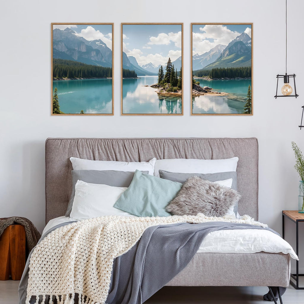 Mountain Wall Art Canvas, Forest Wall Art Mountain Lake, Lake Scenery Artwork, Landscape Nature Framed Decor, Realistic