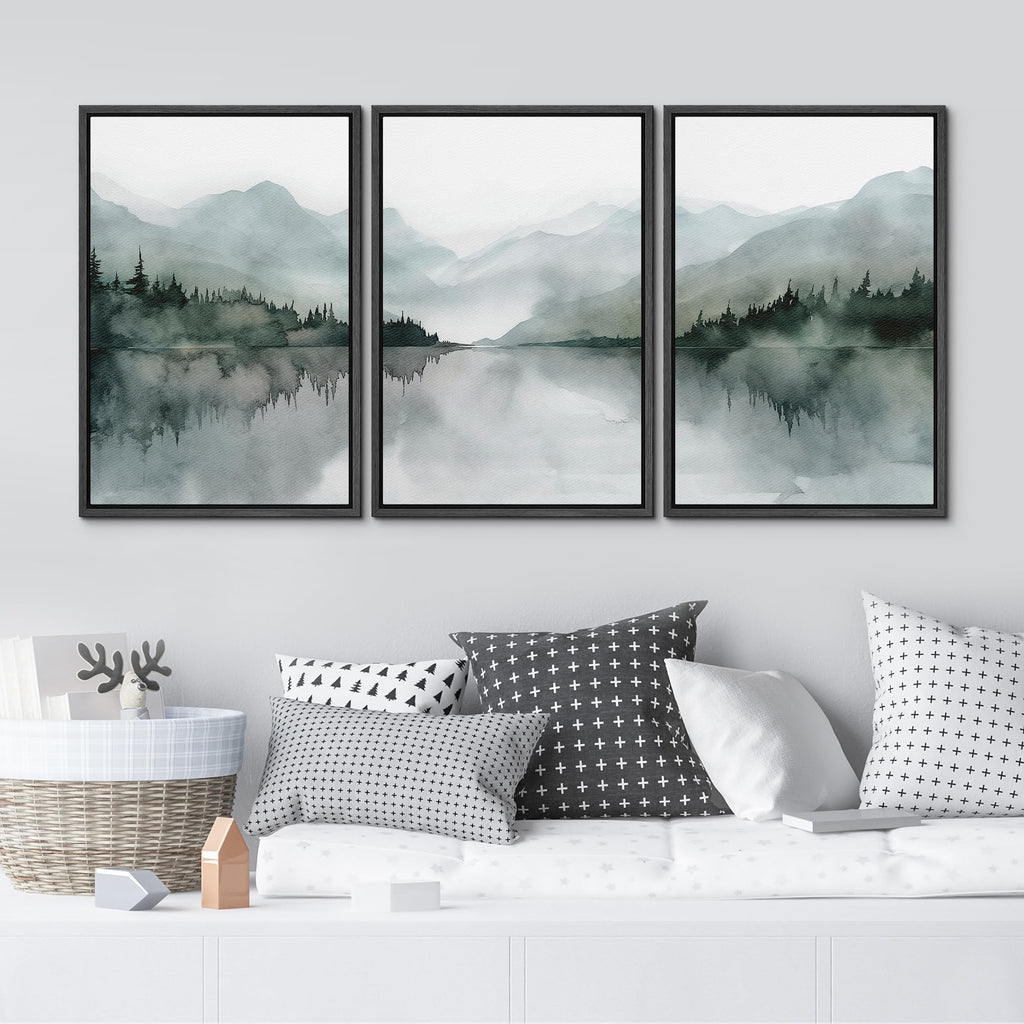 Framed Wall Art Print Set Misty Mountain Lake Watercolor Serene Illustrations Modern Art Boho Decorative Colorful