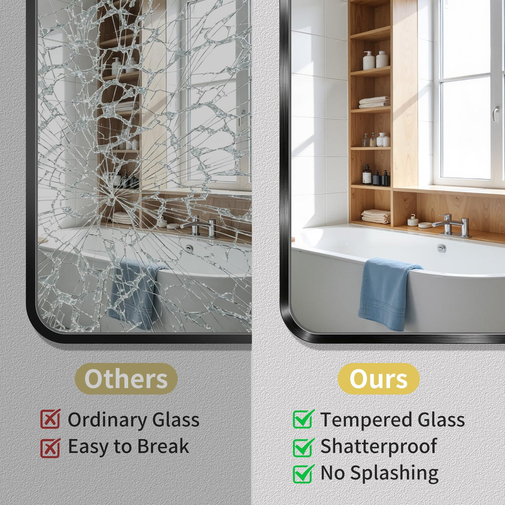 Bathroom Mirror, 30X36 Inch Black Metal Framed Mirror, Tempered Glass, Anti-Rust, Rounded Rectangle Mirror for