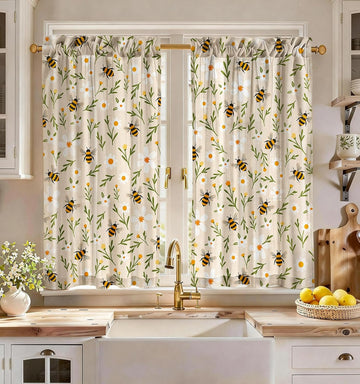 Bee Kitchen Tier Curtains - Linen Blend Country Cafe Curtains Farmhouse Small Window Treatments Over