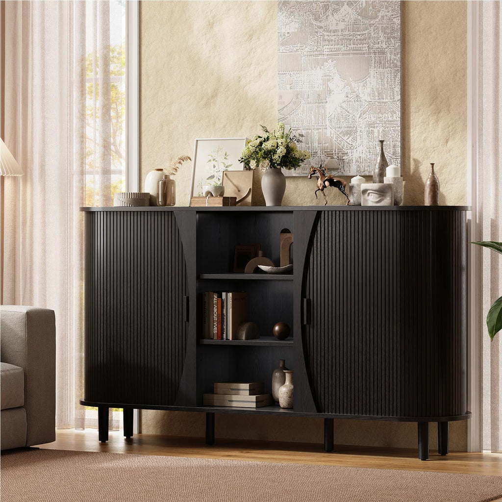 59" Curved Sideboard Cabinet with Storage Adjustable Shelf Black
