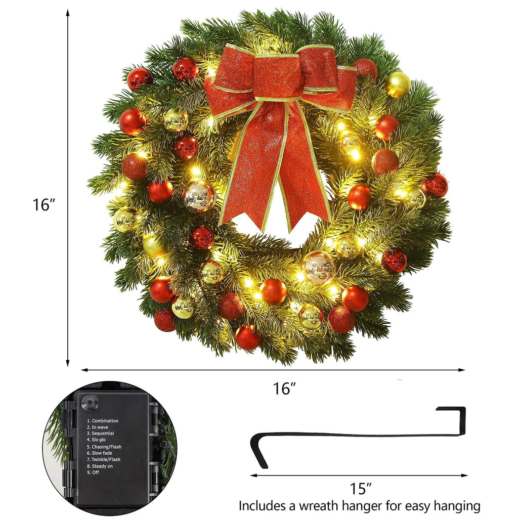 16 Inch Pre-Lit Christmas Wreath with Metal Hanger, Large Red Bow and Colored Balls, Battery Operated with Warm White