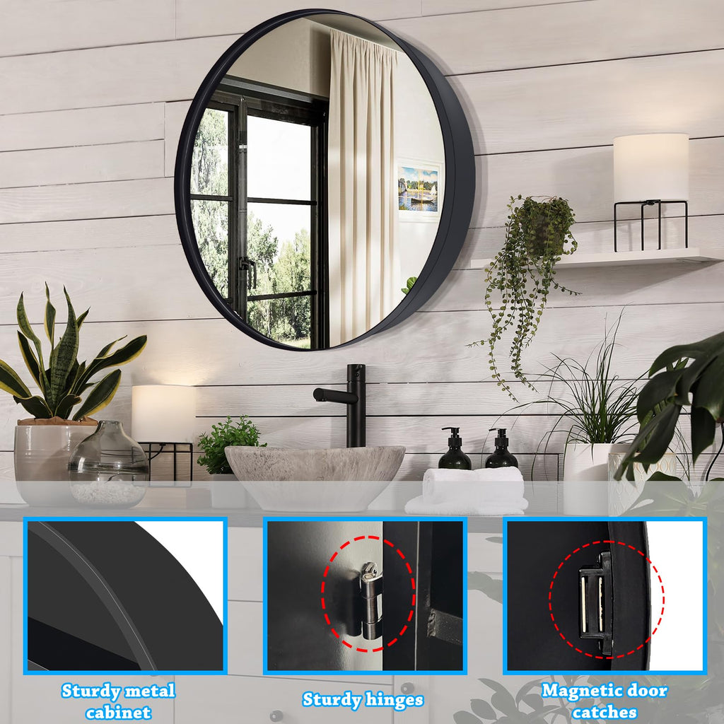 30 x 30 Inch Round Medicine Cabinet with Mirror, Surface Mount Only, Black Metal Frame Bathroom Mirror Cabinet