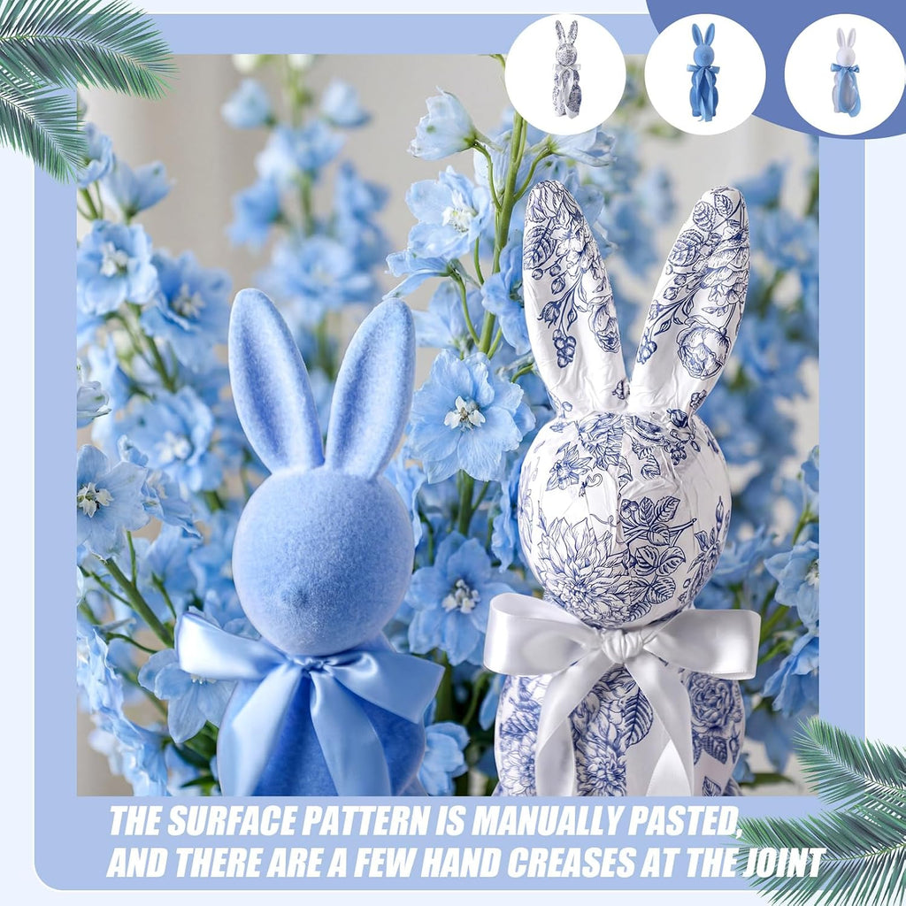 Easter Bunny Decorations Chinoiserie Floral Easter Centerpieces 15.5/13/10 Inch Blue and White Flocked Rabbit - Set of 3