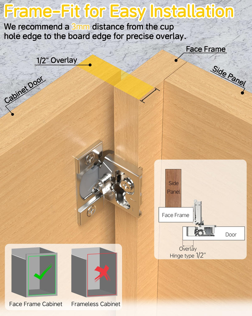 60 Pack 1/2" Overlay Face Frame Soft Close Cabinet Hinges, 105° Concealed Hinge, Smooth Slow Self Closing, 3D