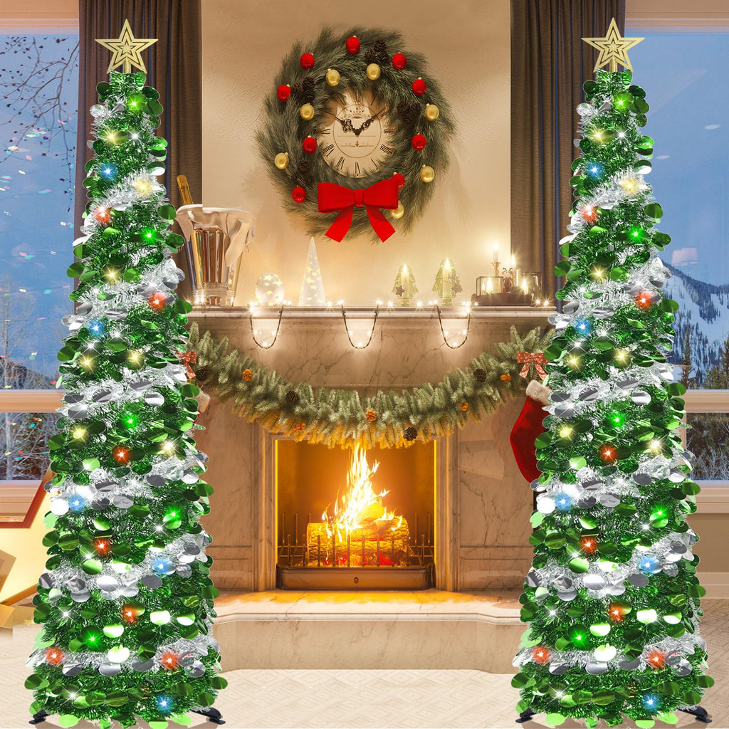 6 FT Pop Up Tinsel with 100 Colored Timer Lights & Remote, Green Silver Collapsible Artificial Pencil Tree Xmas