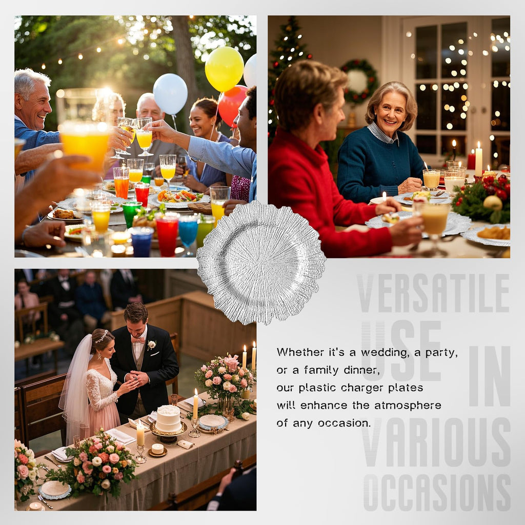 Silver 100pcs Charger Plates Bulk - 13" Elegant Silver Dinner Plates for Weddings & Events