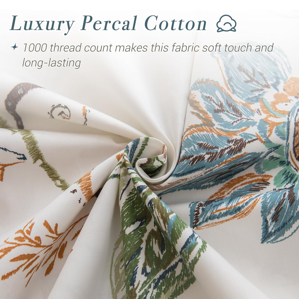 Boho Sheets Sets Percale Printed Sheets Queen Botanical Leaves Flower Pattern Printed Bed Queen Size